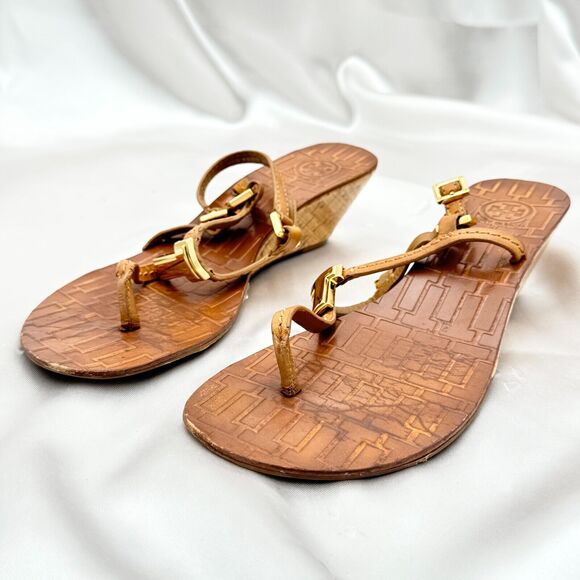 Tory Burch Pauline Tan Leather Demi Wedge Slingback Thong Size 6 M Sandals - Picture 8 of 15